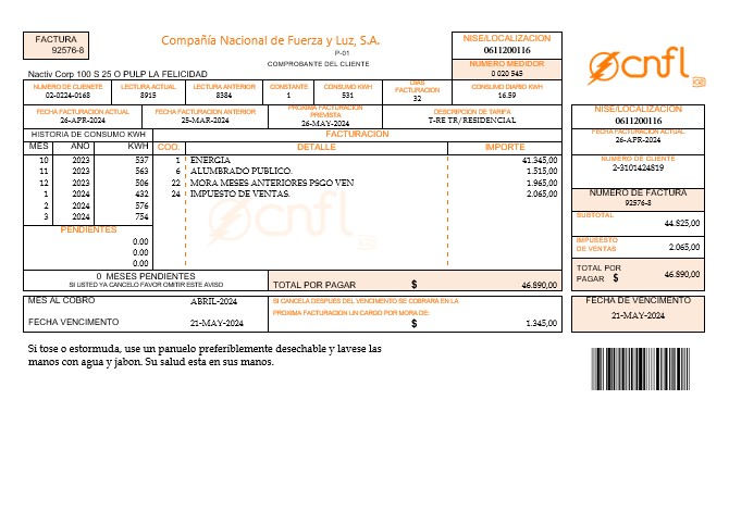 Costa  Rica Compania Nacional de Fuerza y Luz, S A CNFL business utility bill in word and pdf formats
